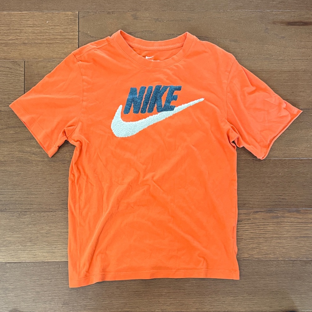 Nike Orange Short Sleeve Tee with Blue NIKE Logo and White Swoosh